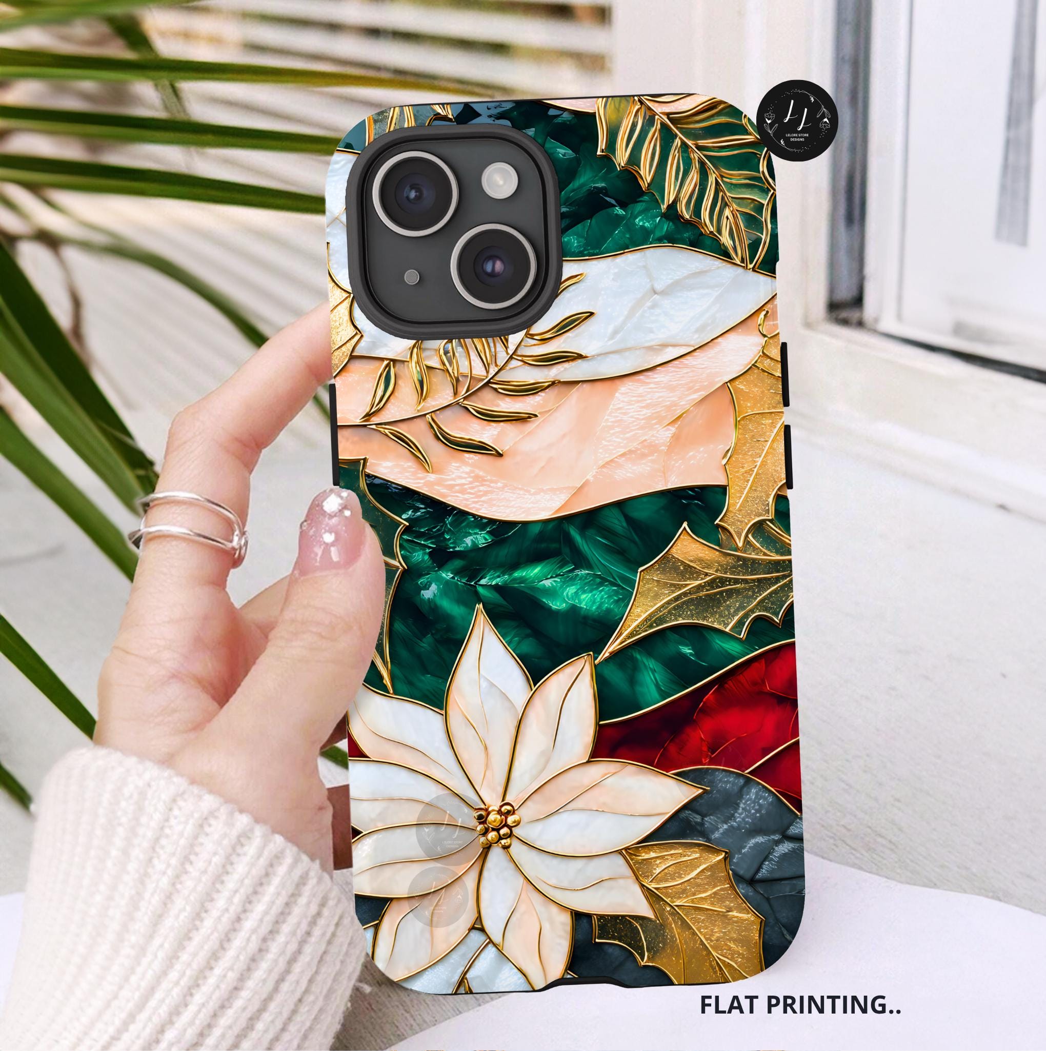 Christmas Phone Case Stained Glass Poinsettia Design Green Floral Holiday iPhone Galaxy Pixel Cover,