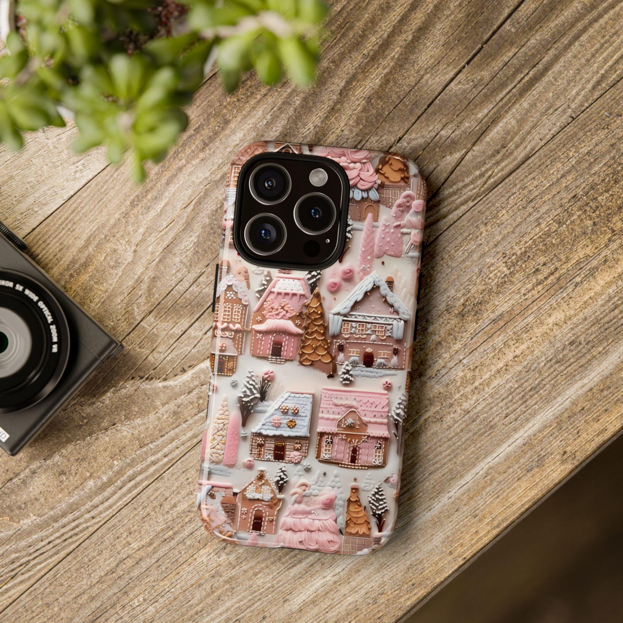 Pink Gingerbread Houses Christmas Phone Case: Snow Holiday Design Winter Cover, iPhone, Galaxy, Pixel