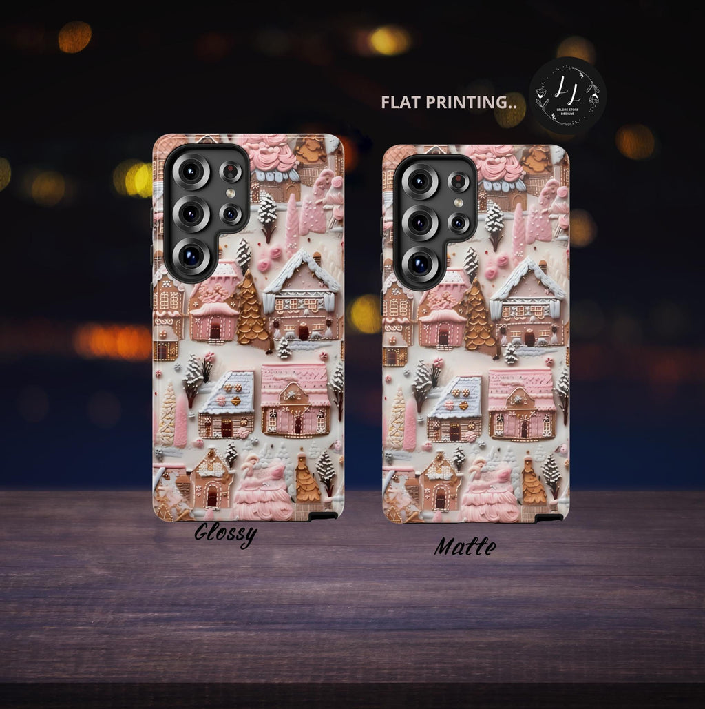 Pink Gingerbread Houses Christmas Phone Case: Snow Holiday Design Winter Cover, iPhone, Galaxy, Pixel