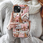 Pink Gingerbread Houses Christmas Phone Case: Snow Holiday Design Winter Cover, iPhone, Galaxy, Pixel