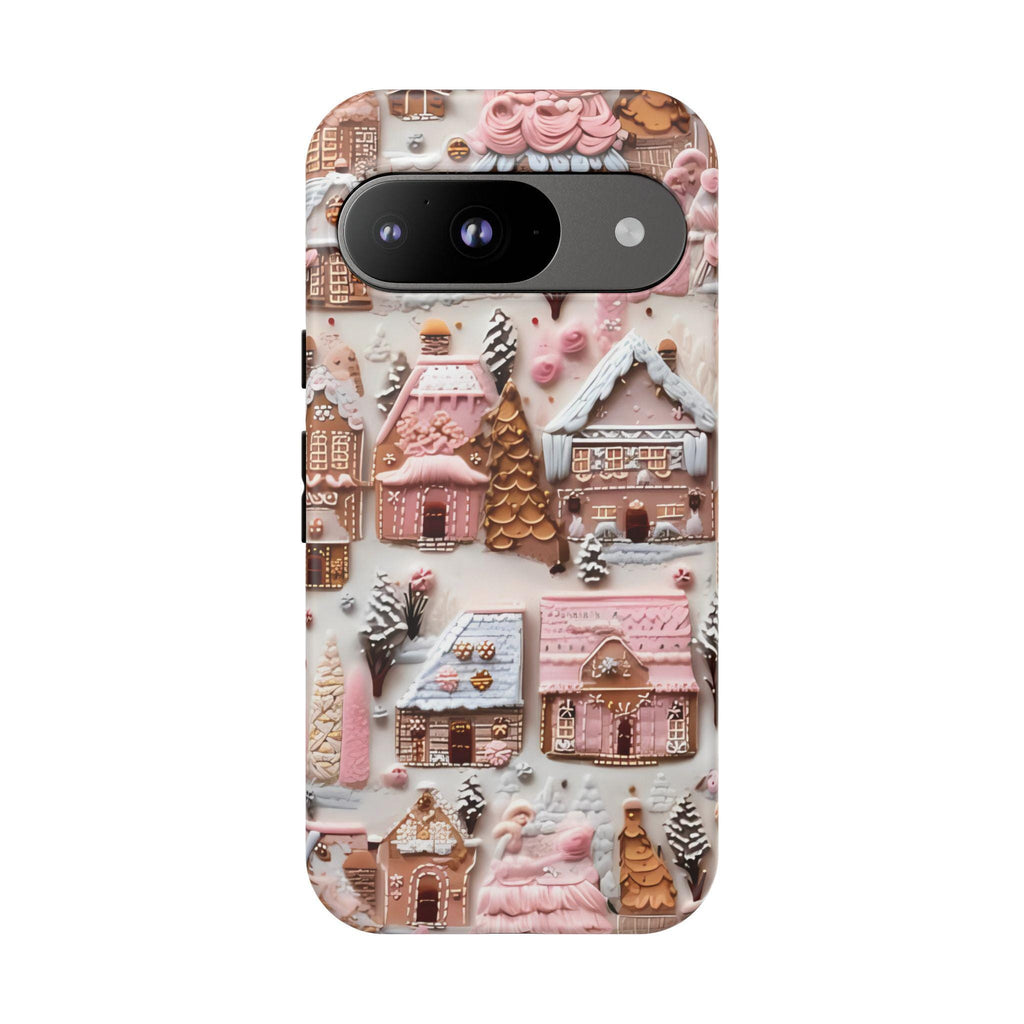 Pink Gingerbread Houses Christmas Phone Case: Snow Holiday Design Winter Cover, iPhone, Galaxy, Pixel
