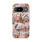 Pink Gingerbread Houses Christmas Phone Case: Snow Holiday Design Winter Cover, iPhone, Galaxy, Pixel
