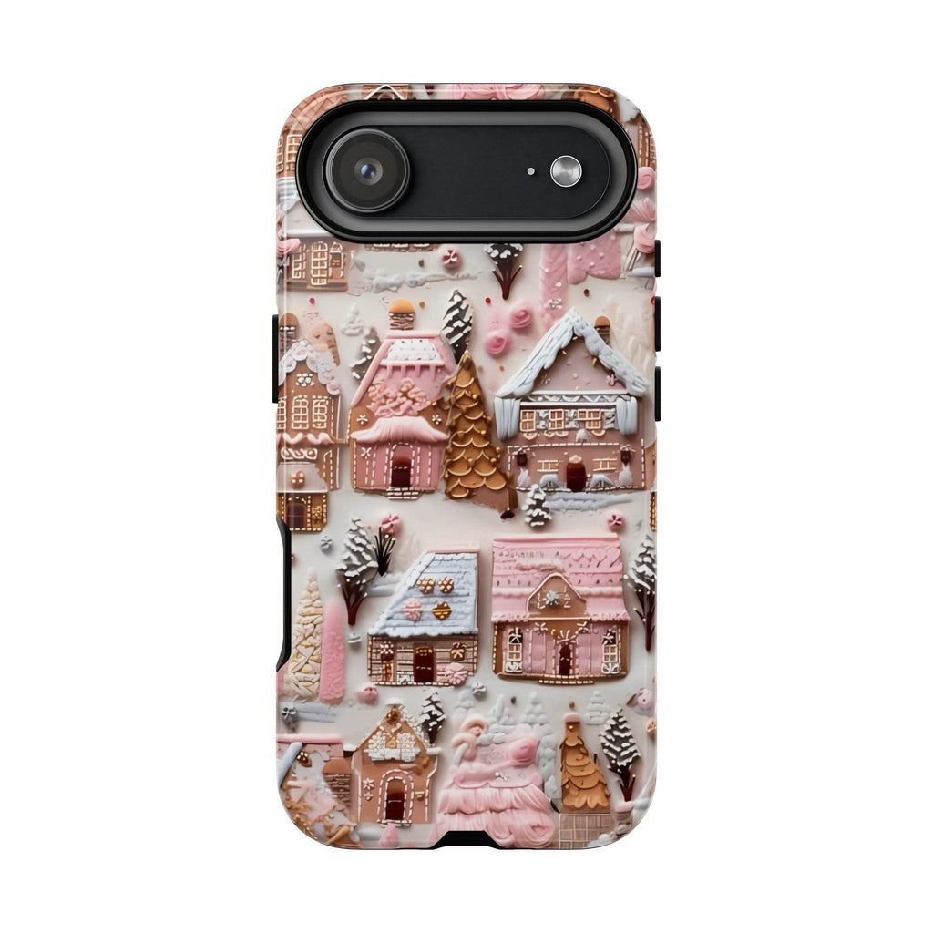 Pink Gingerbread Houses Christmas Phone Case: Snow Holiday Design Winter Cover, iPhone, Galaxy, Pixel