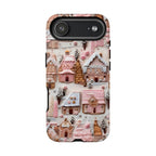 Pink Gingerbread Houses Christmas Phone Case: Snow Holiday Design Winter Cover, iPhone, Galaxy, Pixel