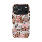 Pink Gingerbread Houses Christmas Phone Case: Snow Holiday Design Winter Cover, iPhone, Galaxy, Pixel