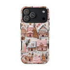 Pink Gingerbread Houses Christmas Phone Case: Snow Holiday Design Winter Cover, iPhone, Galaxy, Pixel