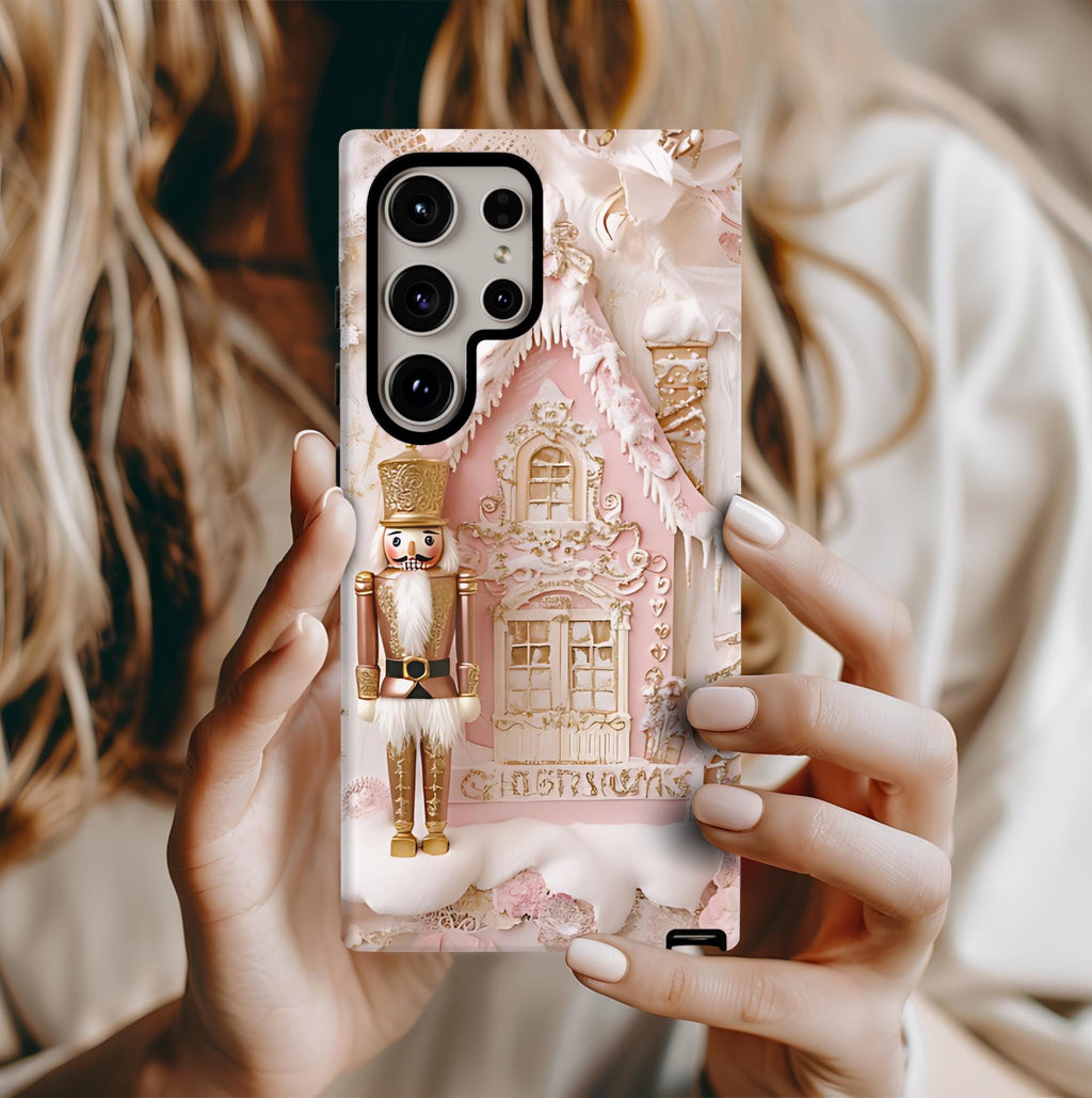 Gingerbread Nutcracker Christmas Phone Case: Pink Holiday Design iPhone Galaxy Pixel