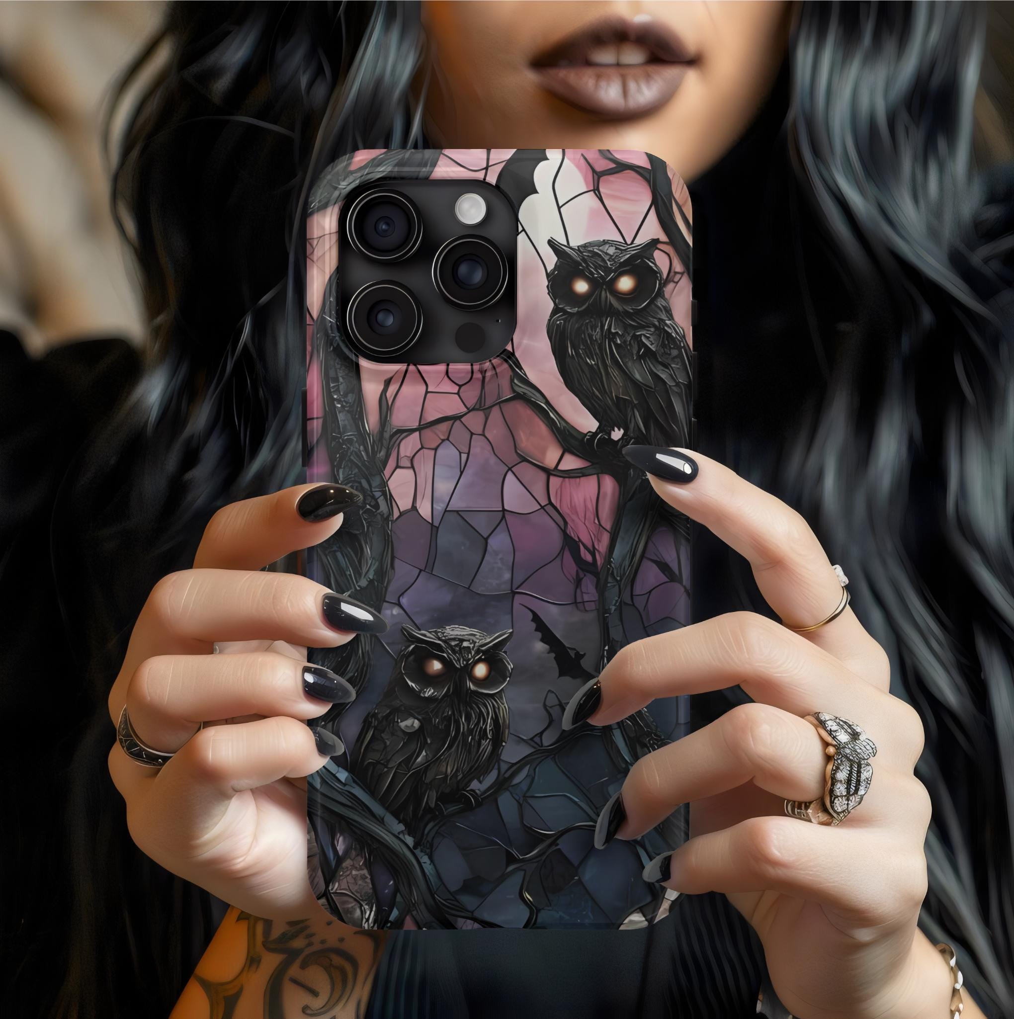 Raven Phone Case,Magsafe compatible  Gothic Cover, Dark Purple Floral, Spooky Halloween Witchy