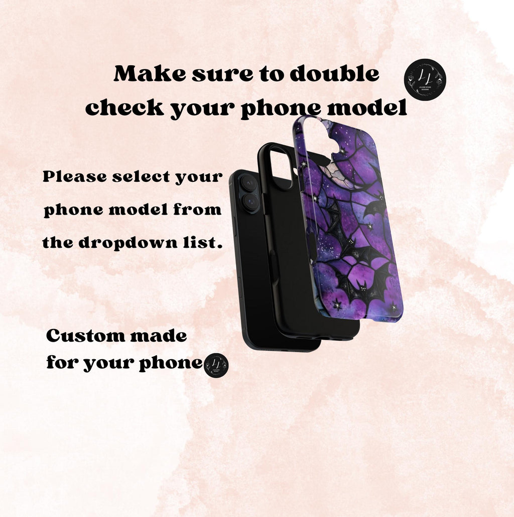 Gothic Celestial Phone Case, Purple Black Bats  Faux Stained Glass Design iPhone Pixel Galaxy