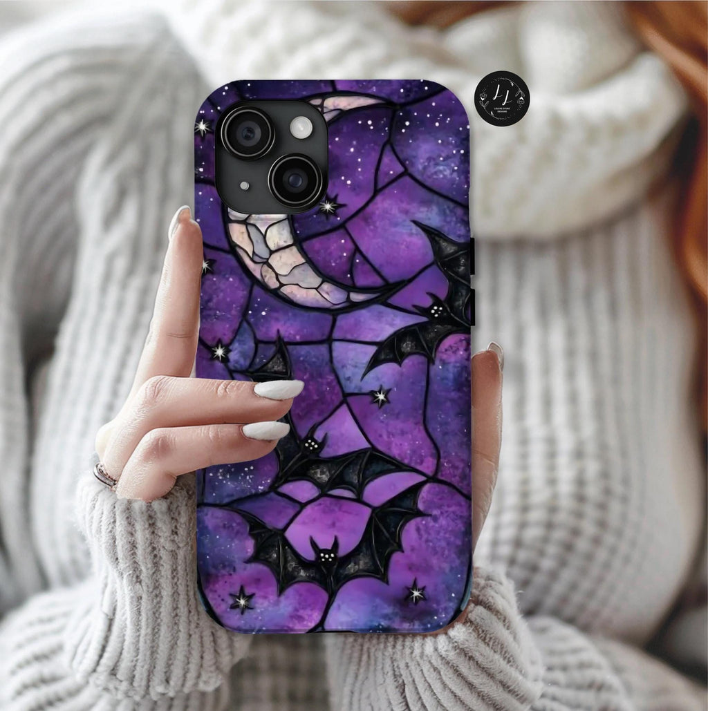 Gothic Celestial Phone Case, Purple Black Bats  Faux Stained Glass Design iPhone Pixel Galaxy