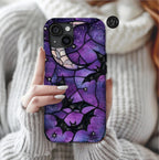 Gothic Celestial Phone Case, Purple Black Bats  Faux Stained Glass Design iPhone Pixel Galaxy