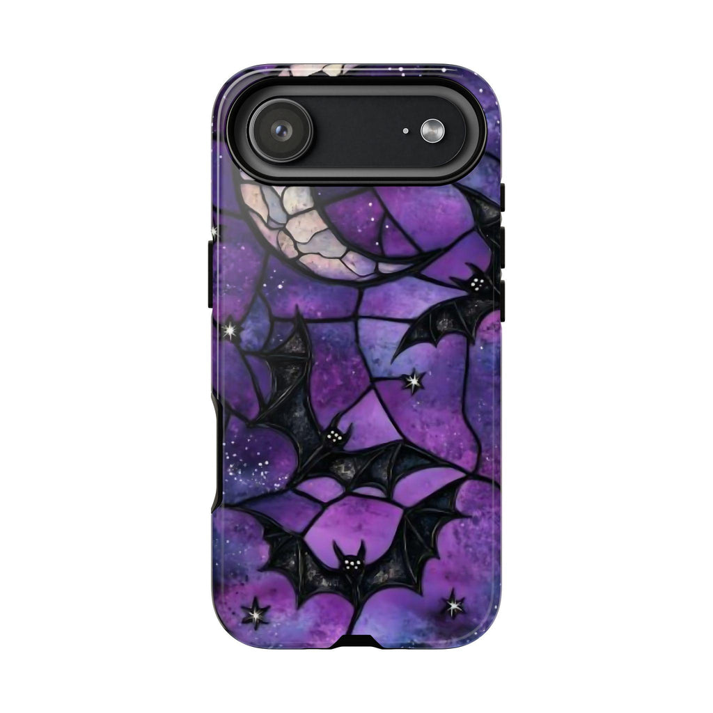 Gothic Celestial Phone Case, Purple Black Bats  Faux Stained Glass Design iPhone Pixel Galaxy