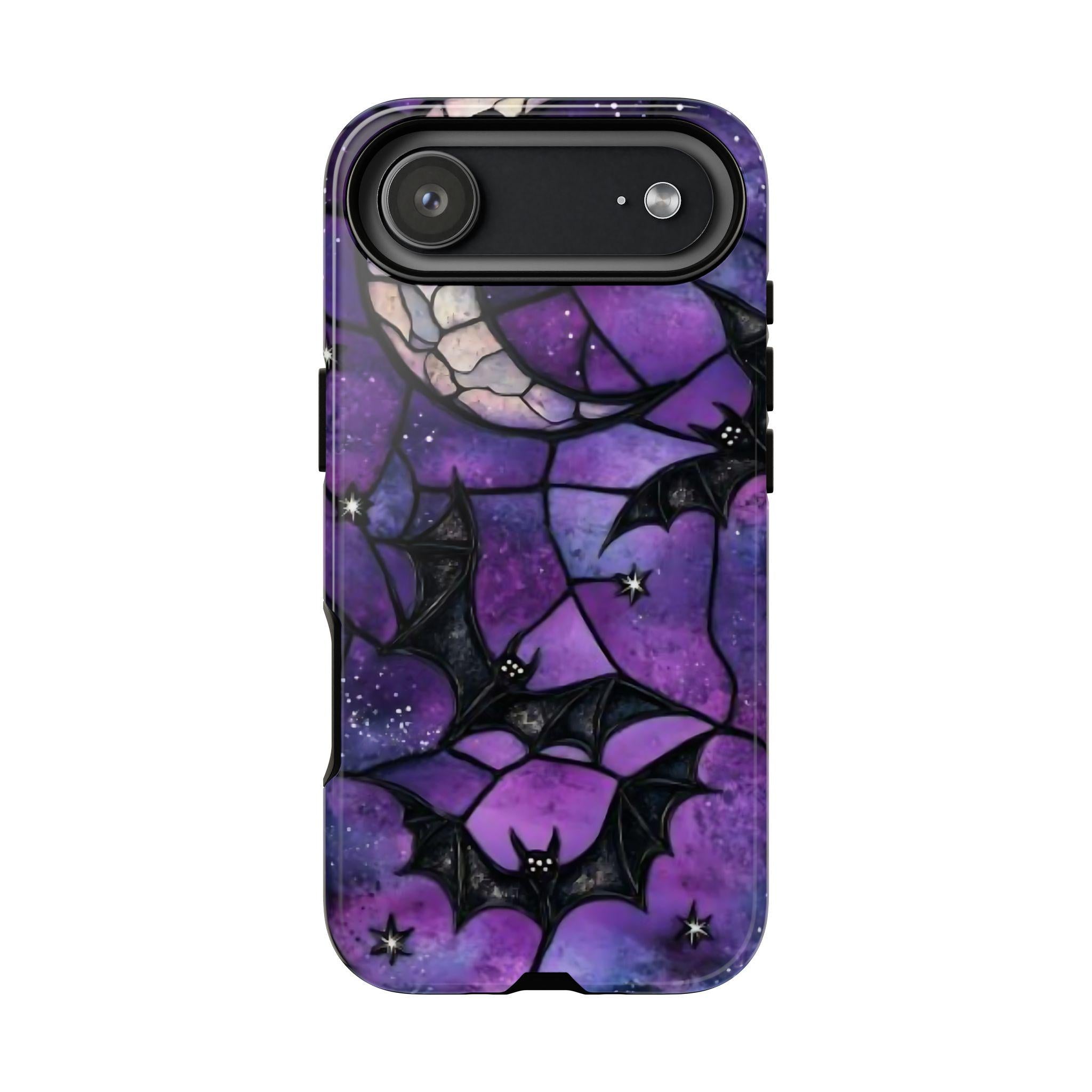 Gothic Celestial Phone Case, Purple Black Bats  Faux Stained Glass Design iPhone Pixel Galaxy