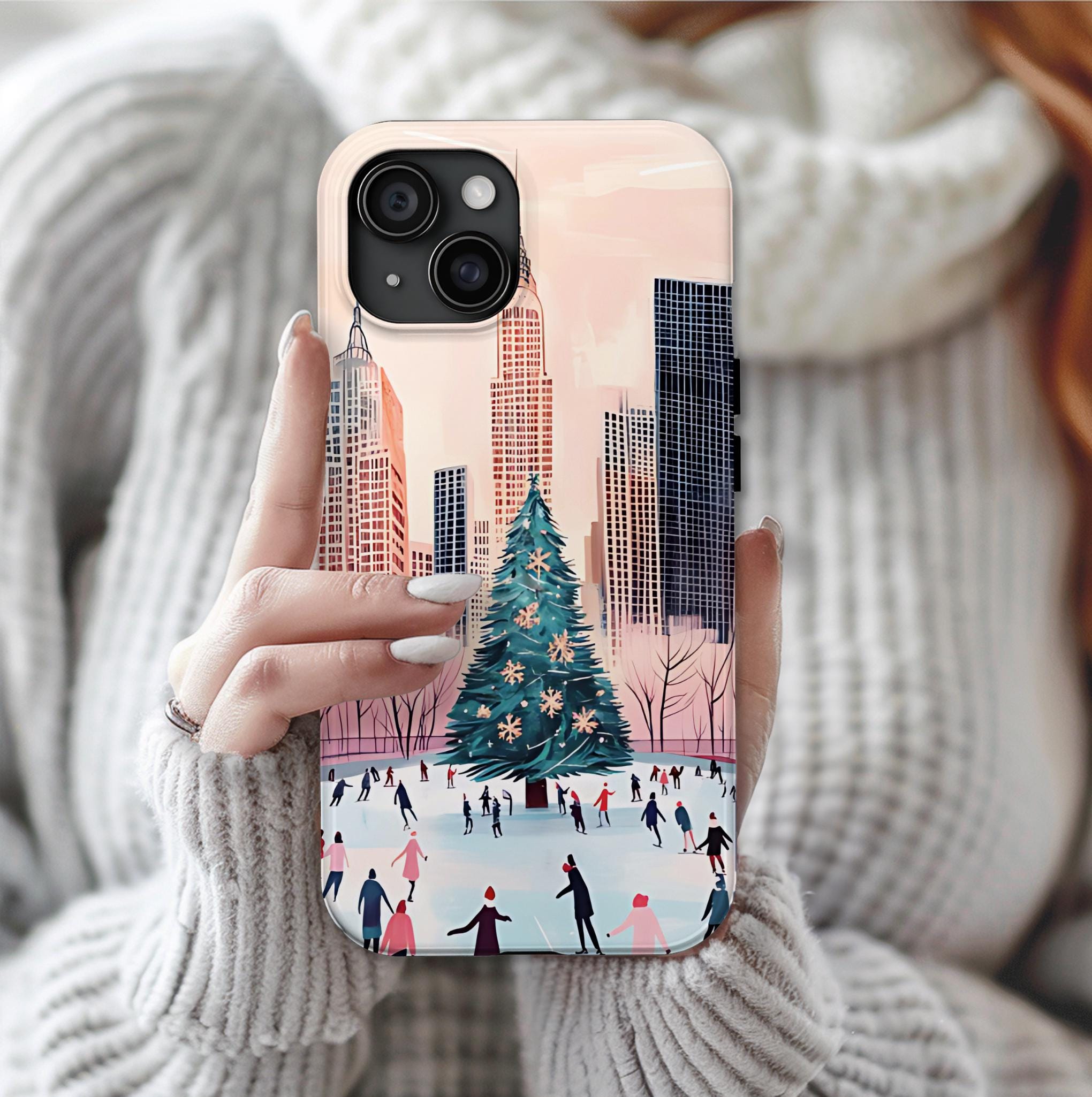 Vintage Pink Christmas Phone Case, Winter Scene Skaters Tree New York iPhone Galaxy Pixel