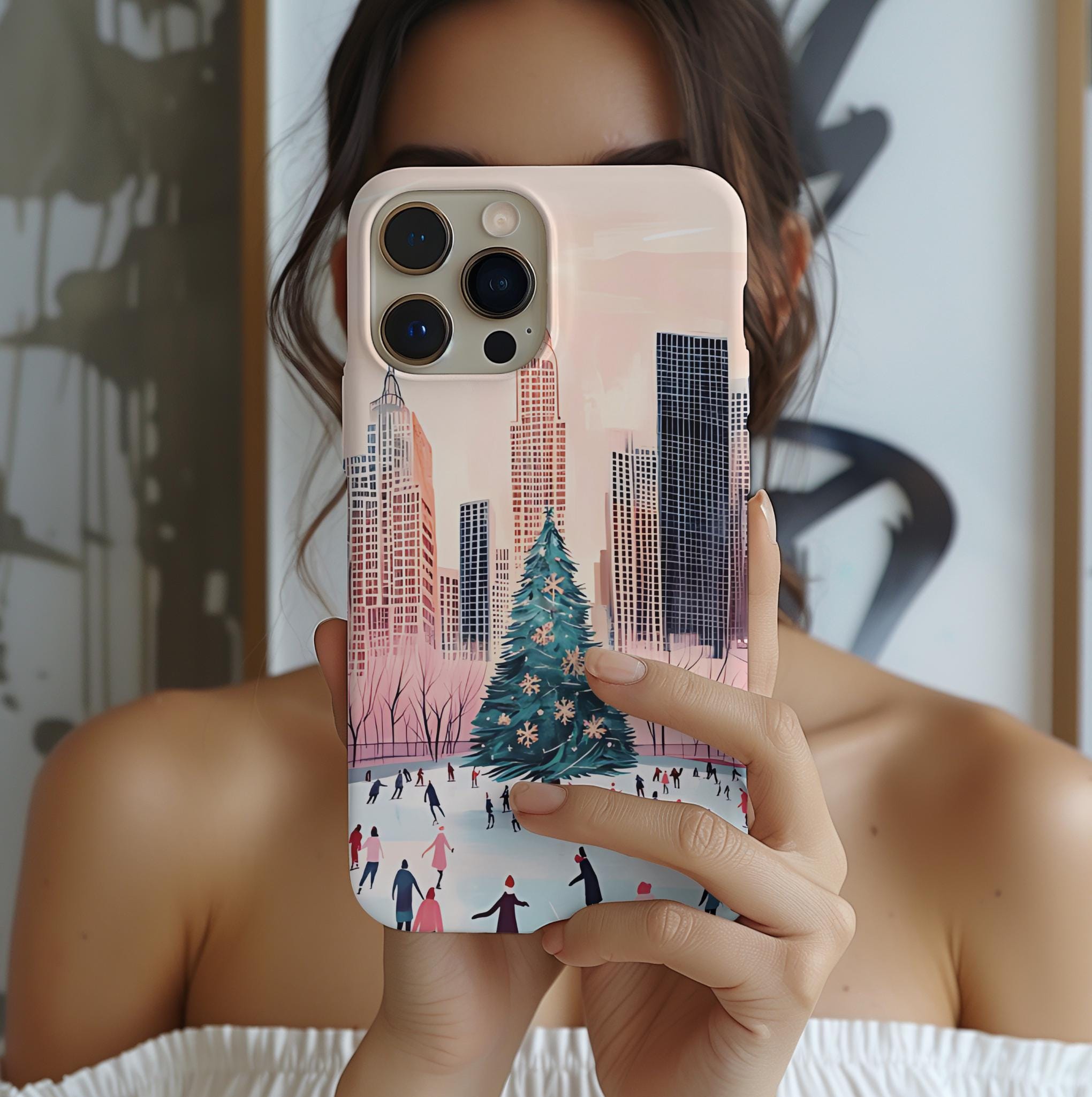 Vintage Pink Christmas Phone Case, Winter Scene Skaters Tree New York iPhone Galaxy Pixel