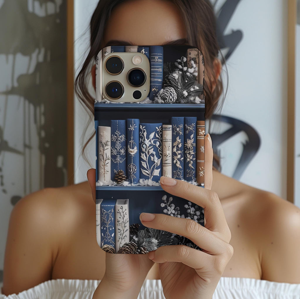Blue Christmas Bookshelf Phone Case: Winter Book Lover Gift Book Lovers, iPhone Galaxy, Pixel