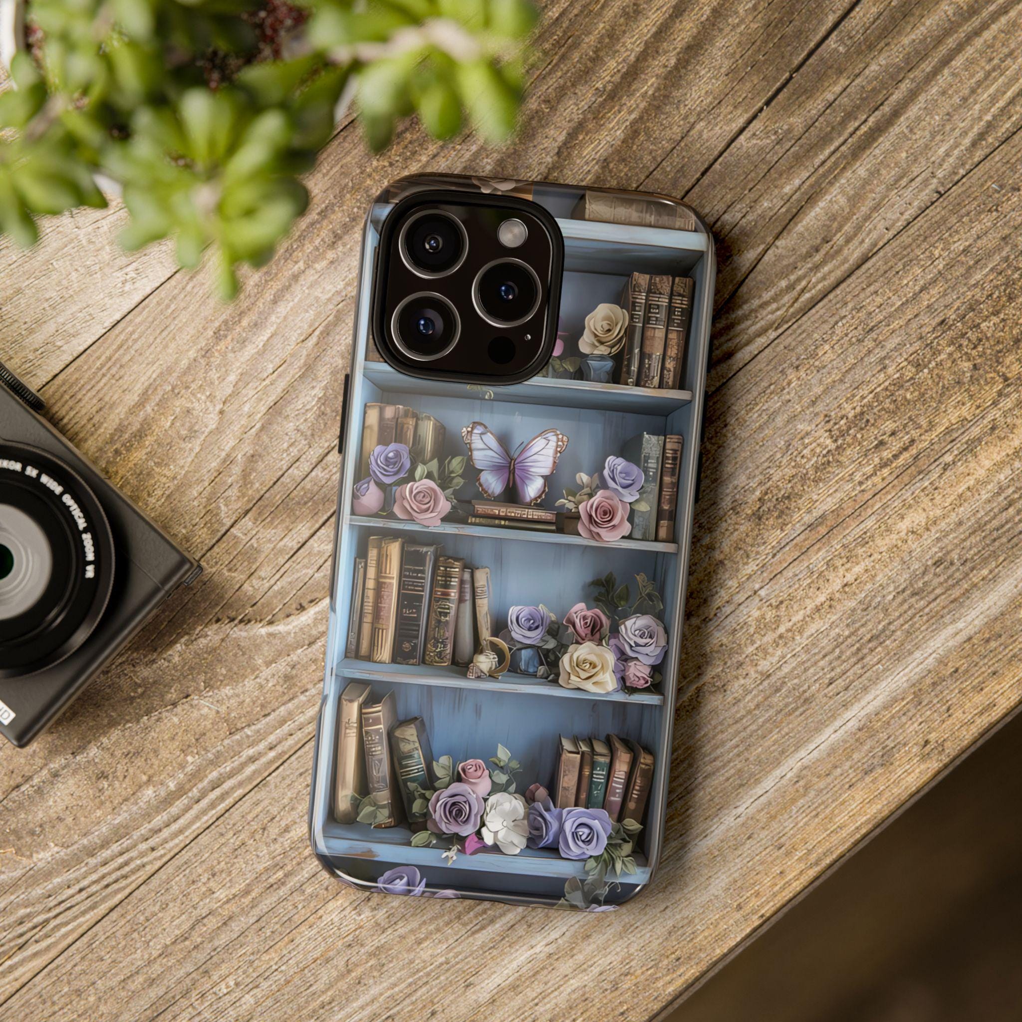 Blue Bookshelf Phone Case: Floral Butterfly Book Lover Accessory Vintage  Bookworm iPhone Galaxy Pixel