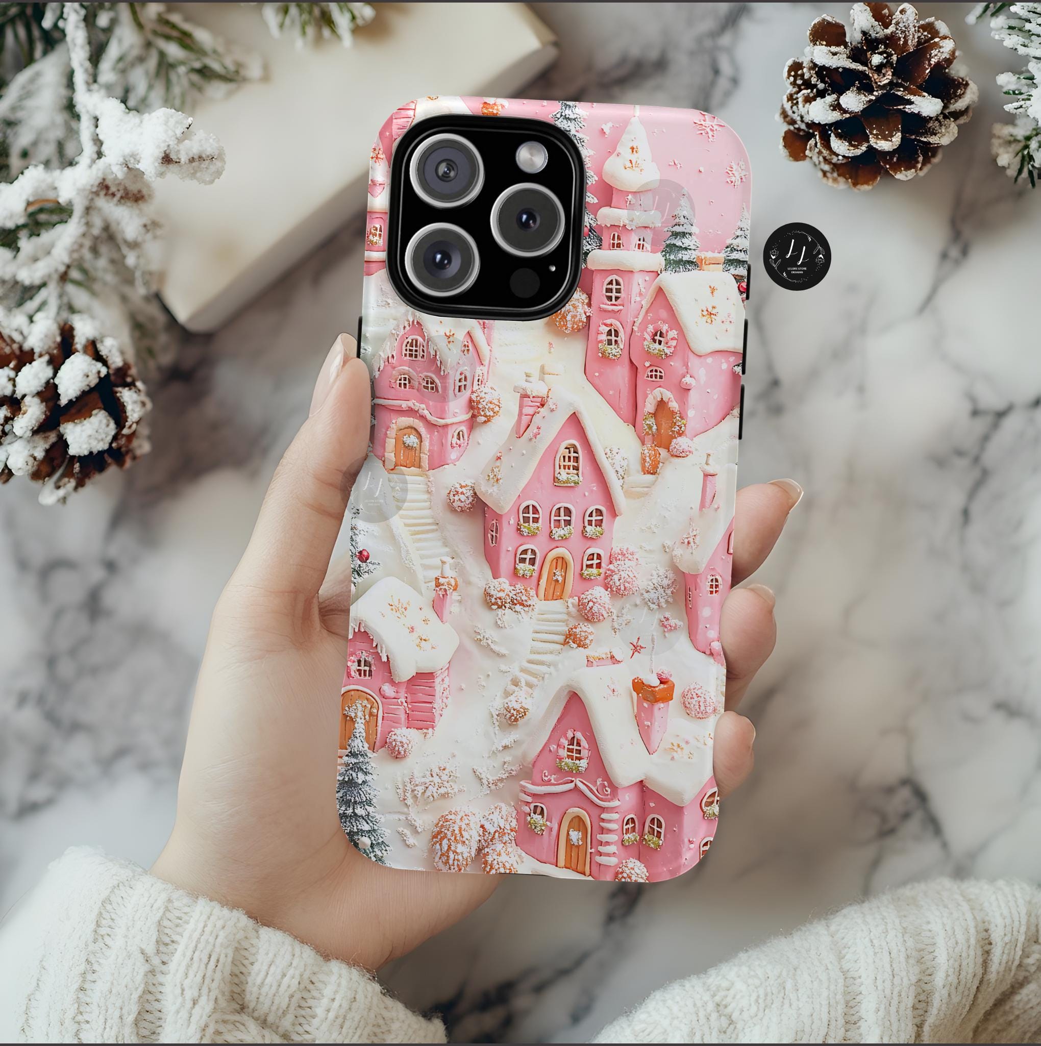 Winter Village Phone Case in Pink, Cozy Snowy Christmas Town Aesthetic, Holiday Gift for iPhone, Samsung Galaxy, Pixel Smartphone