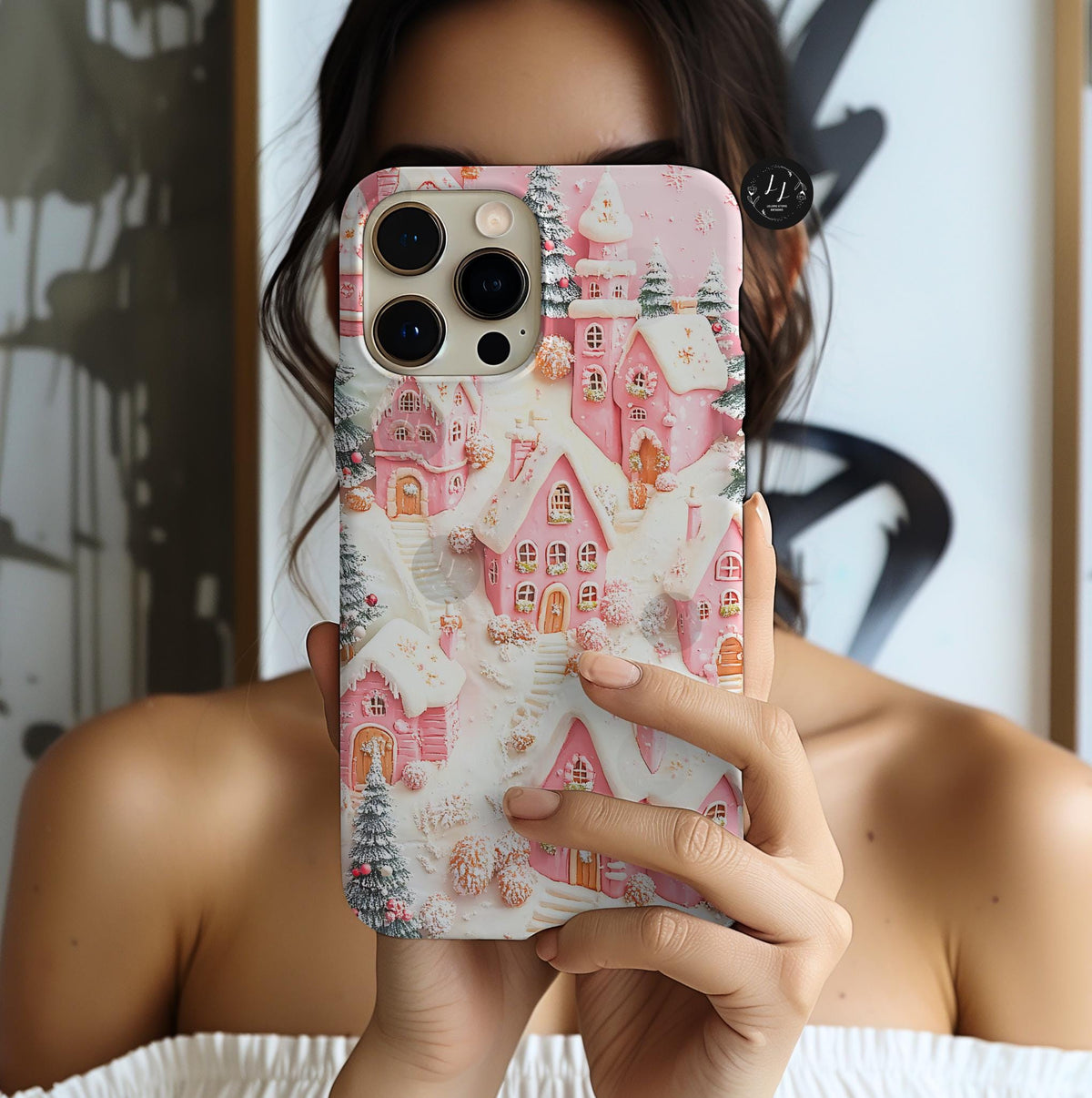 Winter Village Phone Case in Pink, Cozy Snowy Christmas Town Aesthetic, Holiday Gift for iPhone, Samsung Galaxy, Pixel Smartphone
