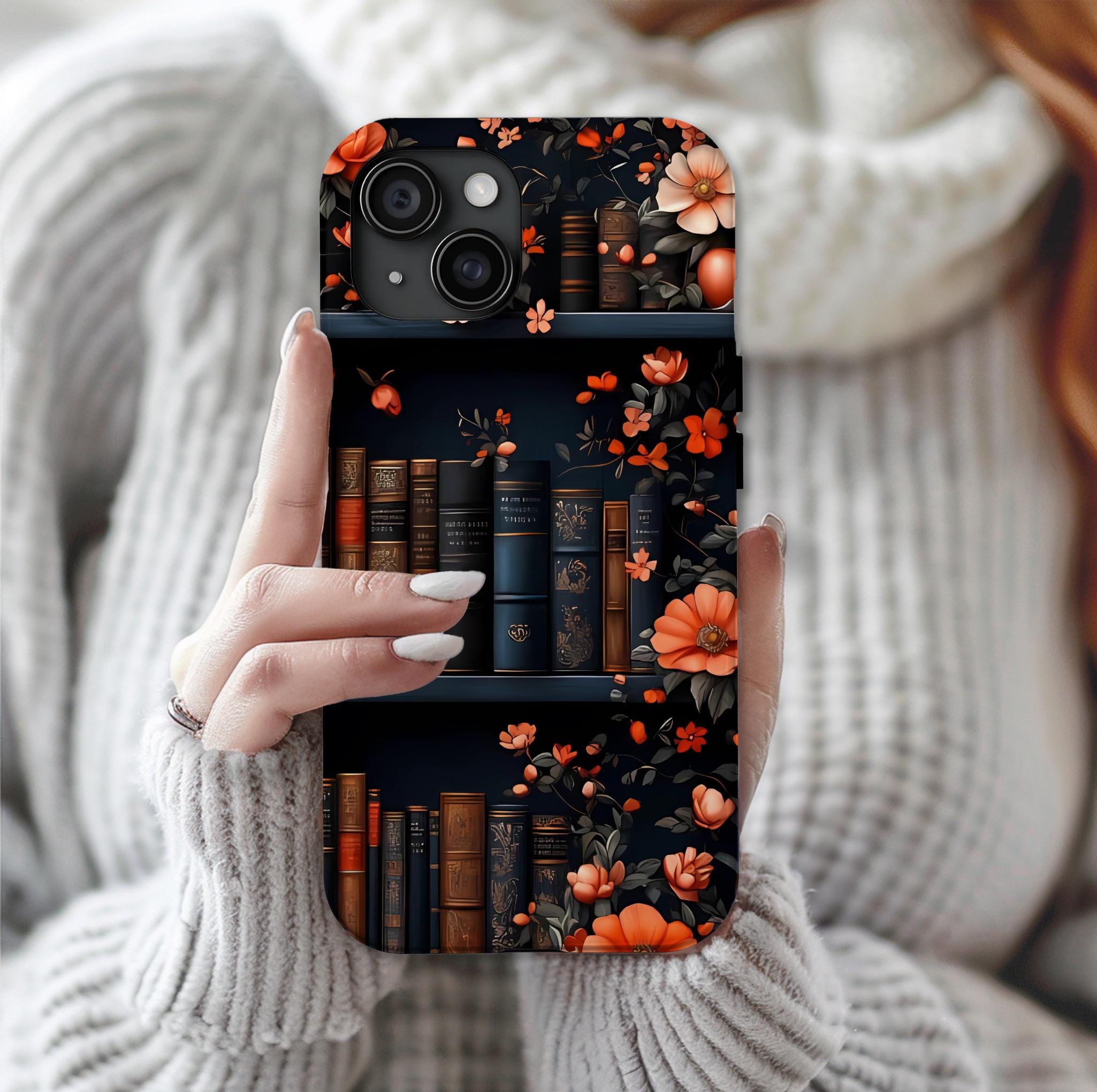 Bookish Fall Phone Case, Bookshelf iPhone Cover,  Autumn  Library Bookcase, Thanksgiving Bookworm Gift