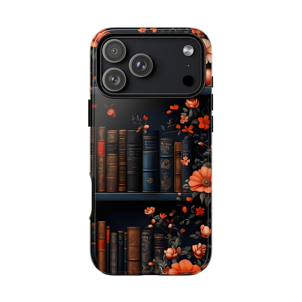Bookish Fall Phone Case, Bookshelf iPhone Cover,  Autumn  Library Bookcase, Thanksgiving Bookworm Gift