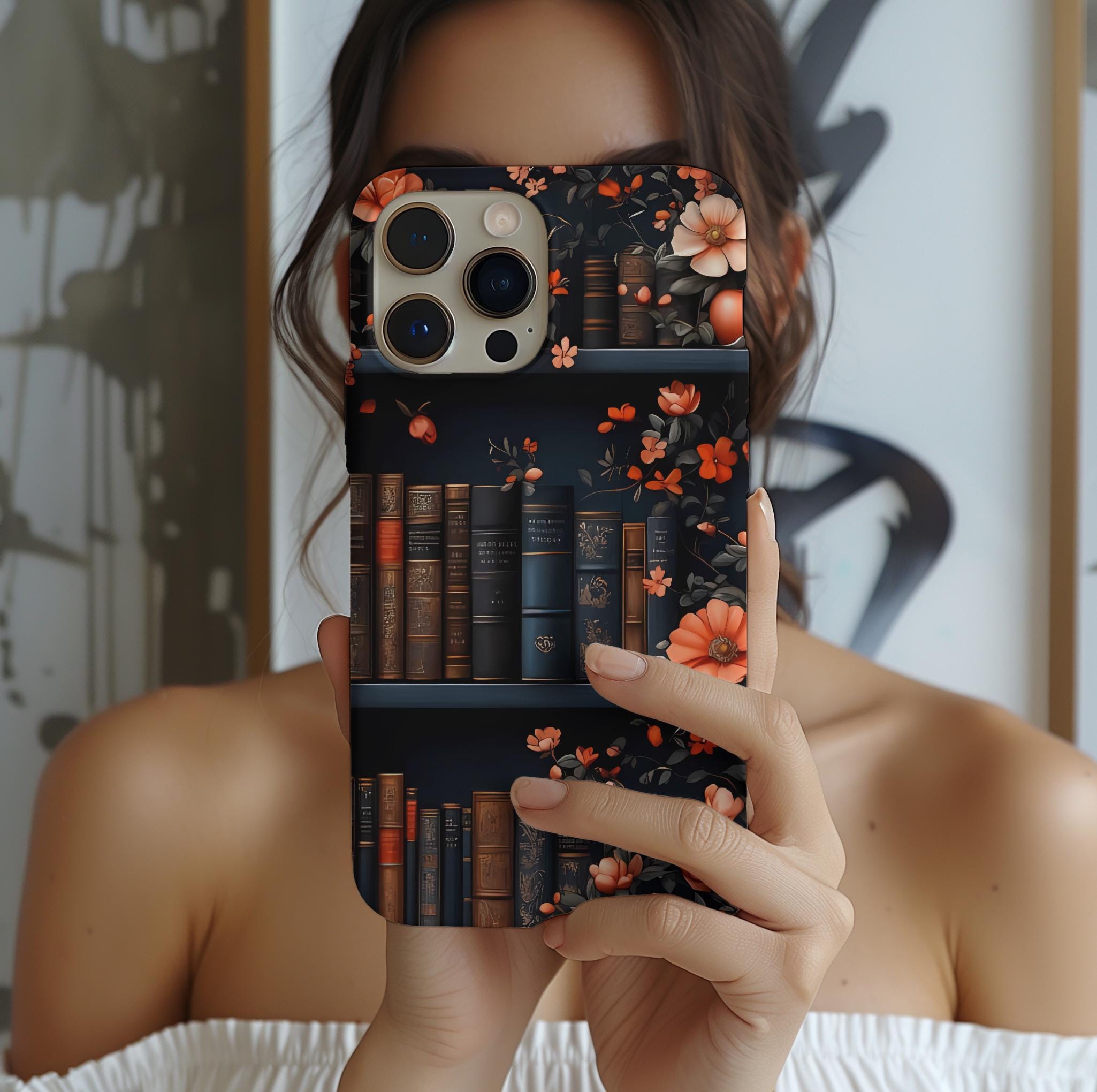 Bookish Fall Phone Case, Bookshelf iPhone Cover,  Autumn  Library Bookcase, Thanksgiving Bookworm Gift