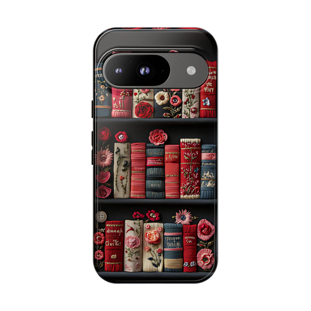 Floral Bookshelf Phone Case: Faux Embroidery Book Lover Gift  iPhone Galaxy Pixel covers