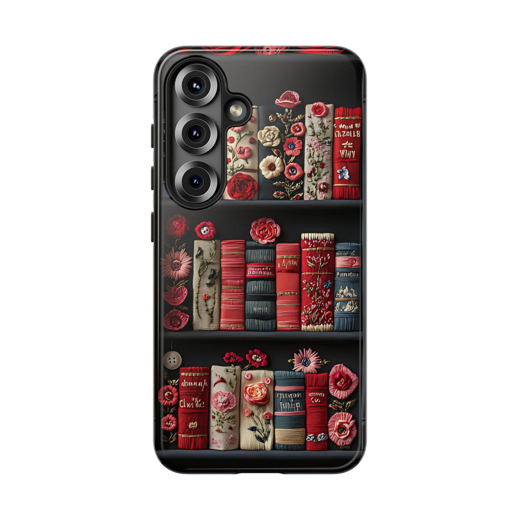 Floral Bookshelf Phone Case: Faux Embroidery Book Lover Gift  iPhone Galaxy Pixel covers