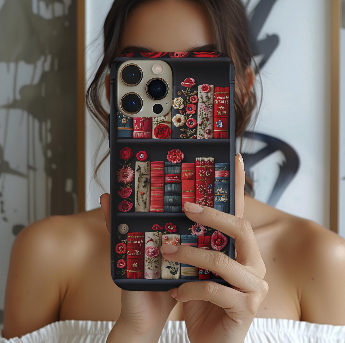 Floral Bookshelf Phone Case: Faux Embroidery Book Lover Gift  iPhone Galaxy Pixel covers