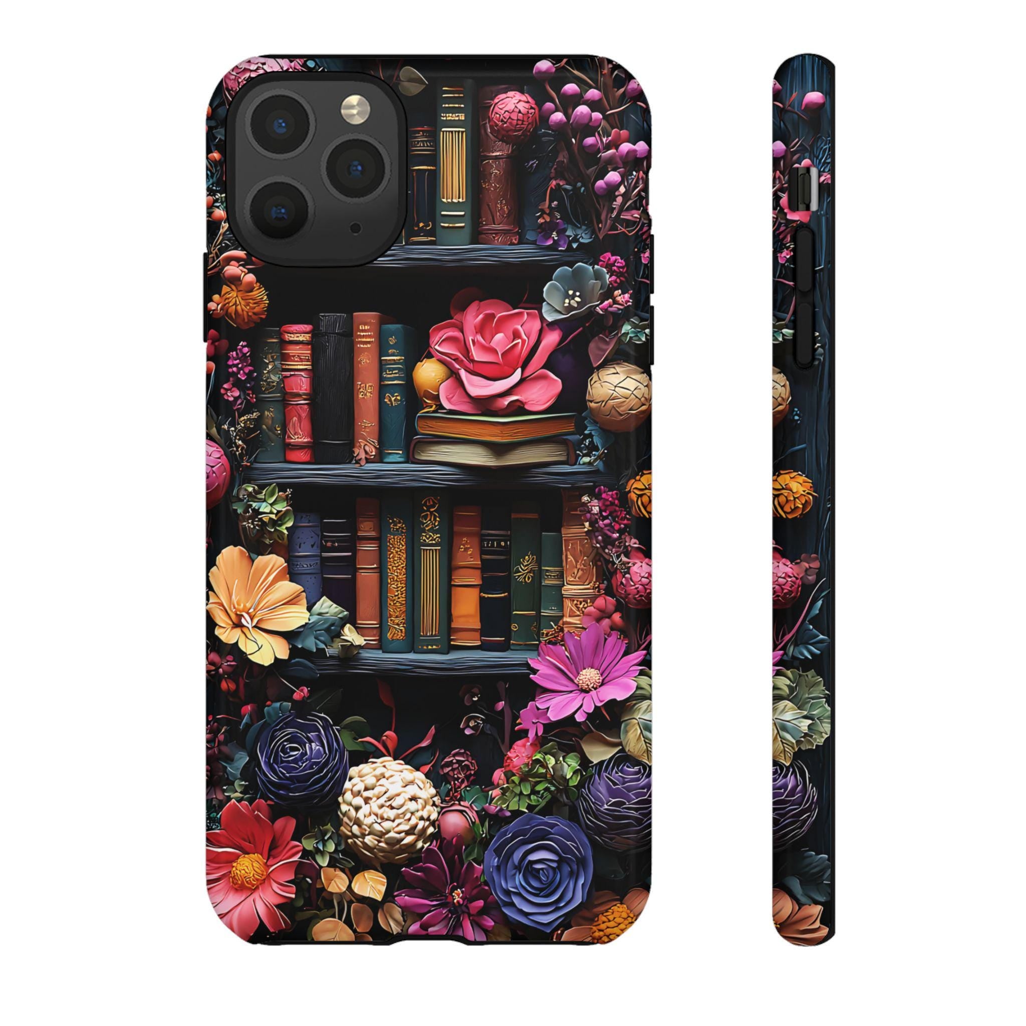 Boho Bookish Phone Case, Floral Bookshelf Design iPhone Samsung Pixel Book Lovers