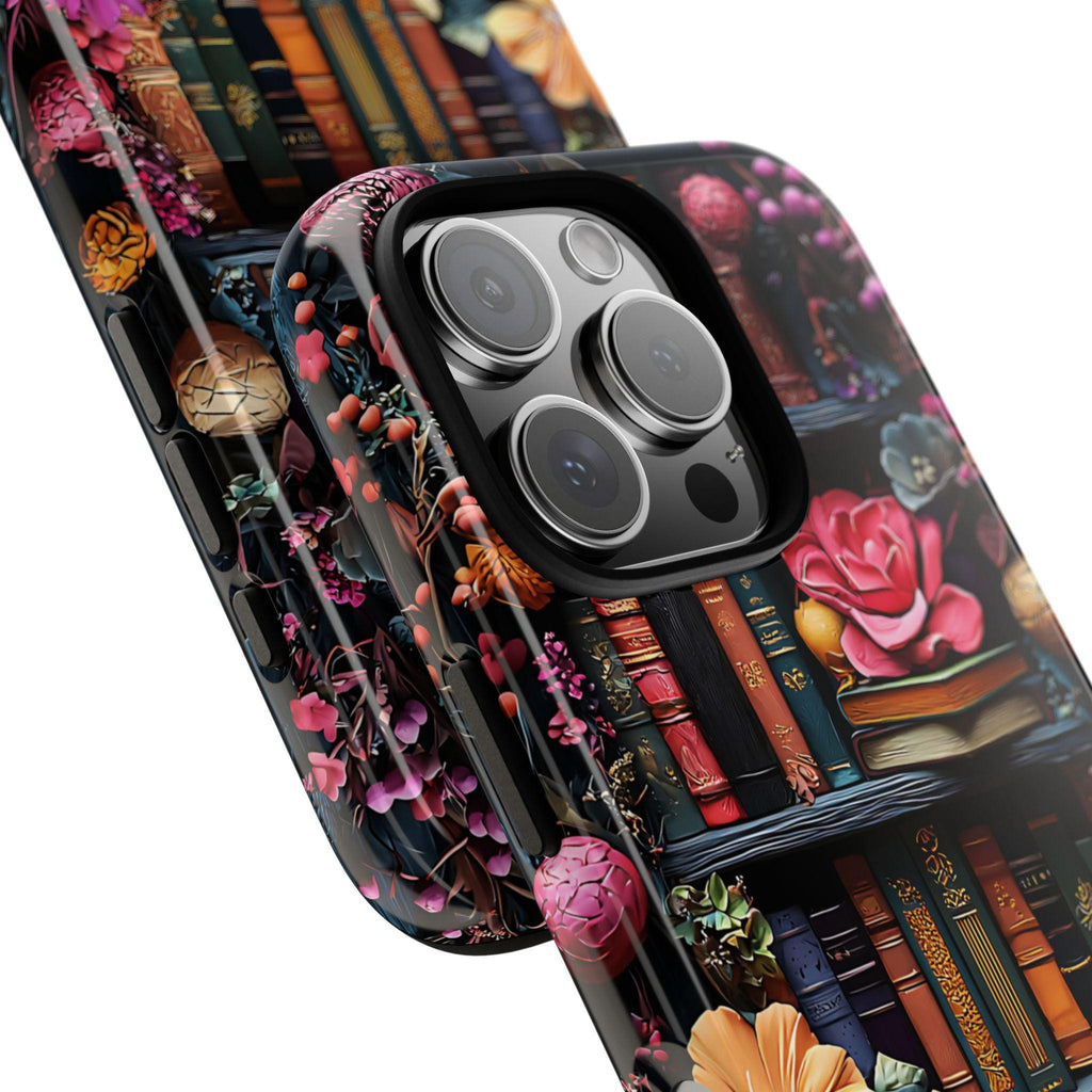 Boho Bookish Phone Case, Floral Bookshelf Design iPhone Samsung Pixel Book Lovers