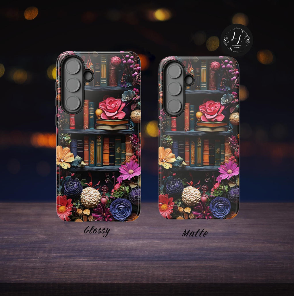 Boho Bookish Phone Case, Floral Bookshelf Design iPhone Samsung Pixel Book Lovers