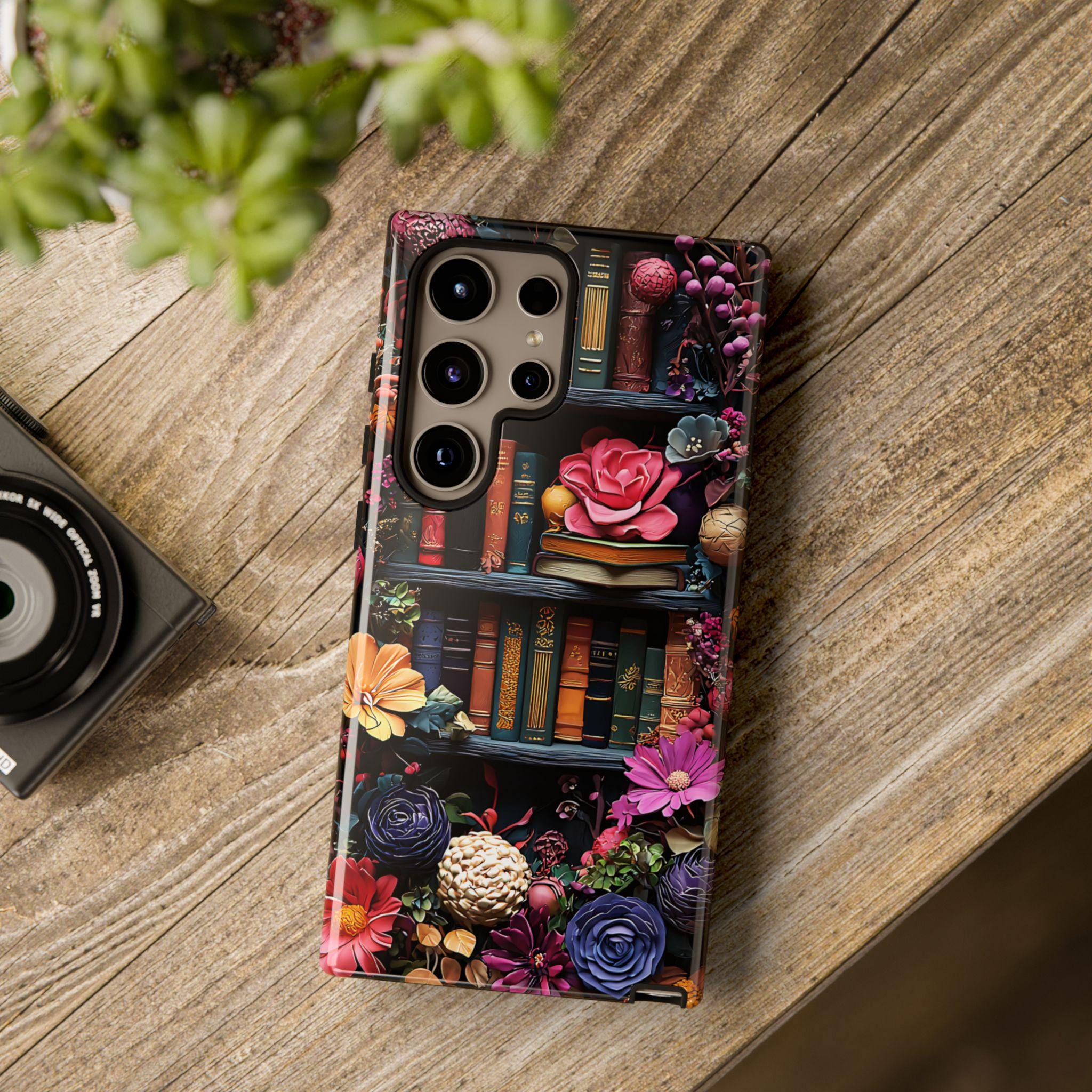 Boho Bookish Phone Case, Floral Bookshelf Design iPhone Samsung Pixel Book Lovers