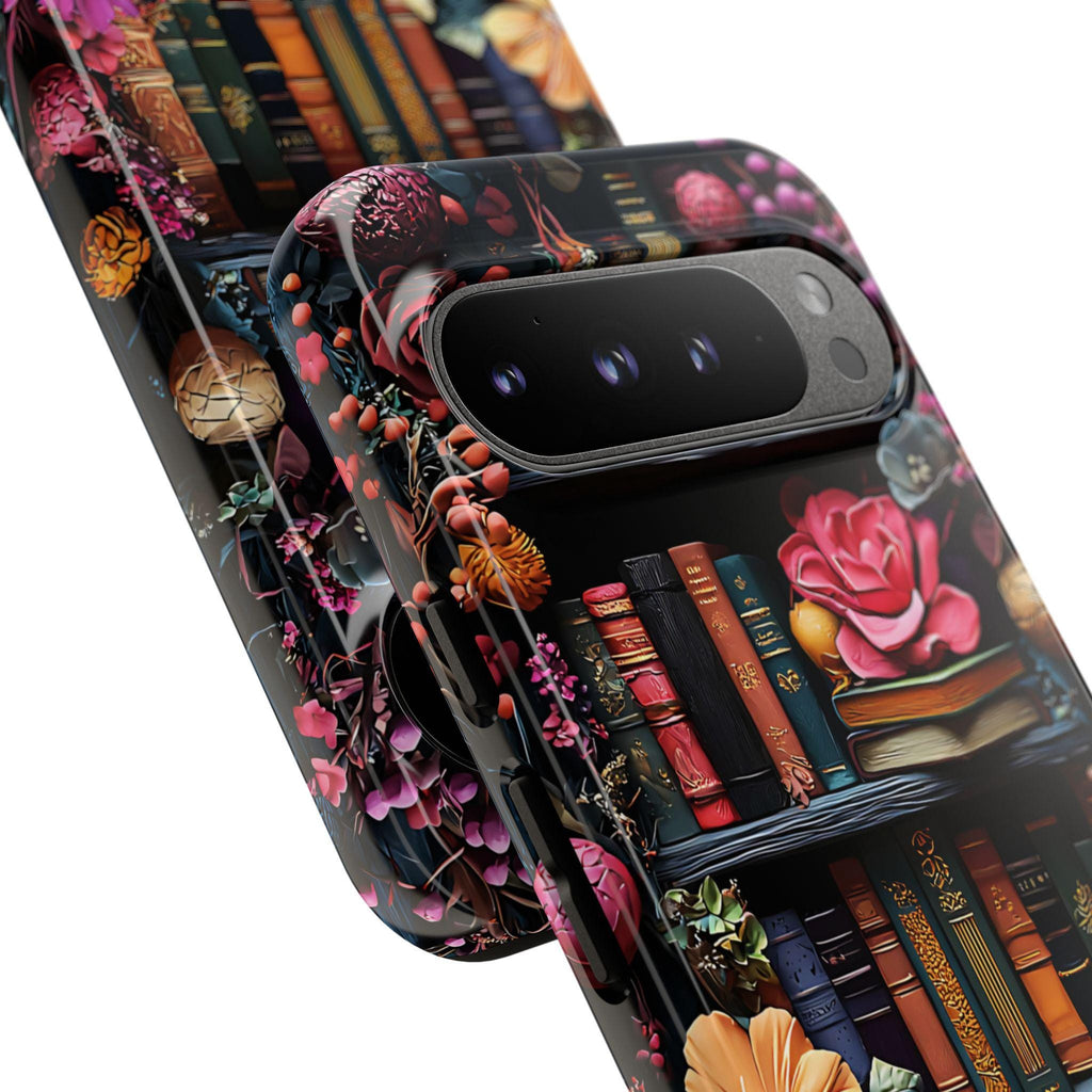 Boho Bookish Phone Case, Floral Bookshelf Design iPhone Samsung Pixel Book Lovers