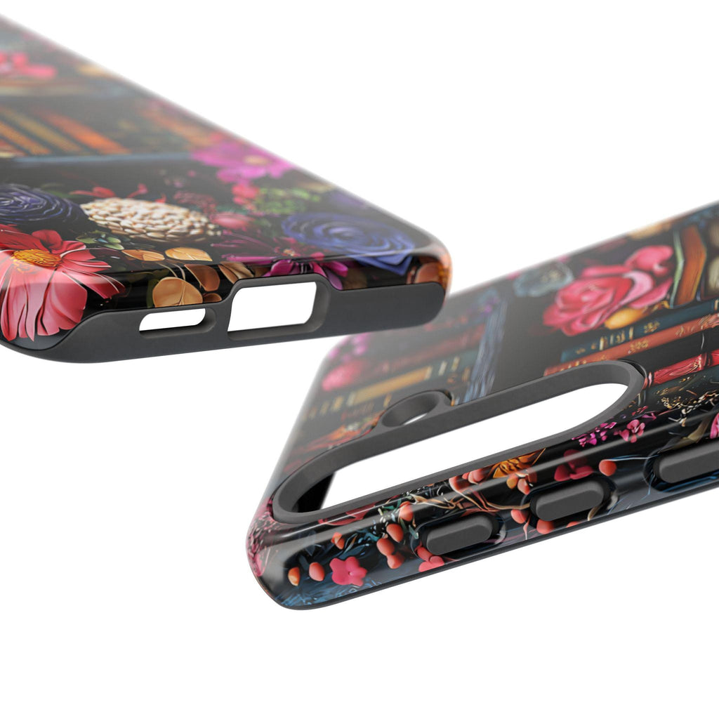 Boho Bookish Phone Case, Floral Bookshelf Design iPhone Samsung Pixel Book Lovers