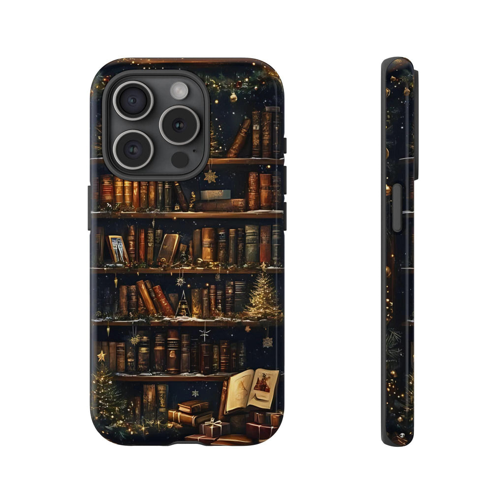 Bookish Christmas Bookshelf Holiday Library Bookcase Design, iPhone Galaxy Pixel.