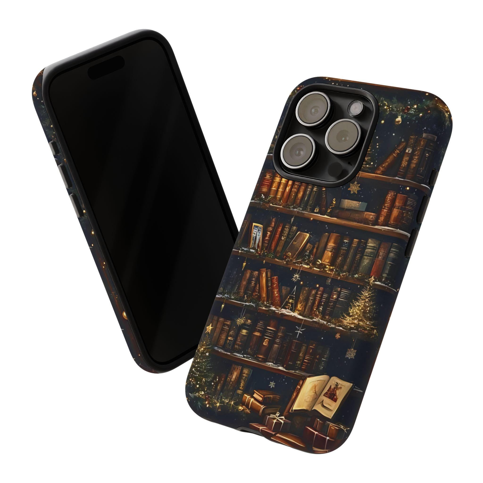 Bookish Christmas Bookshelf Holiday Library Bookcase Design, iPhone Galaxy Pixel.