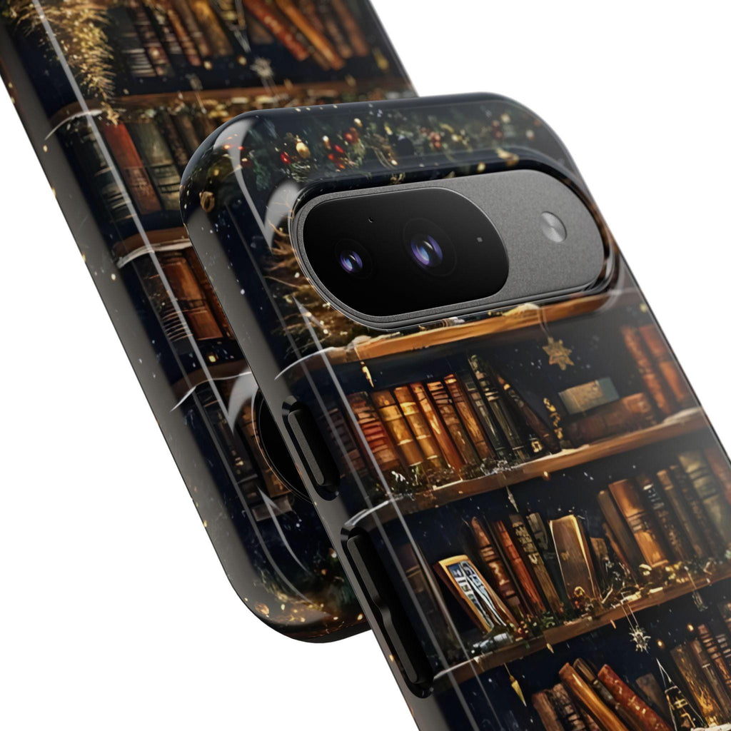 Bookish Christmas Bookshelf Holiday Library Bookcase Design, iPhone Galaxy Pixel.