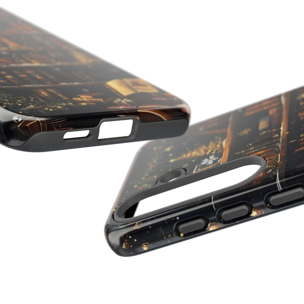 Bookish Christmas Bookshelf Holiday Library Bookcase Design, iPhone Galaxy Pixel.