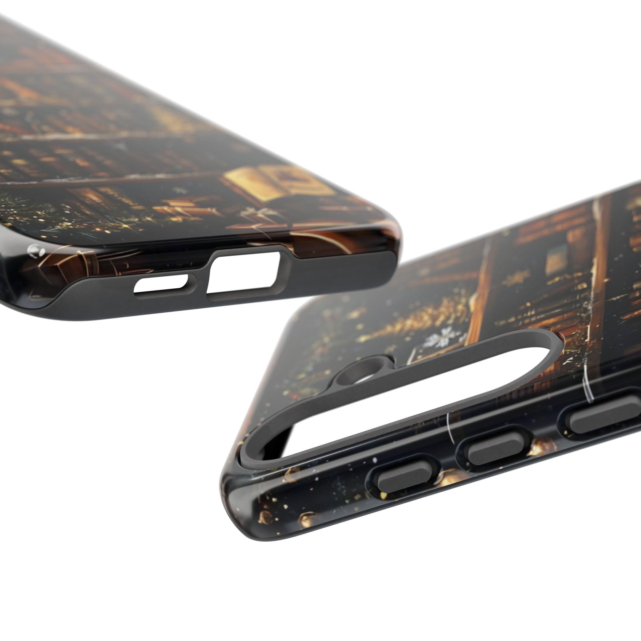 Bookish Christmas Bookshelf Holiday Library Bookcase Design, iPhone Galaxy Pixel.