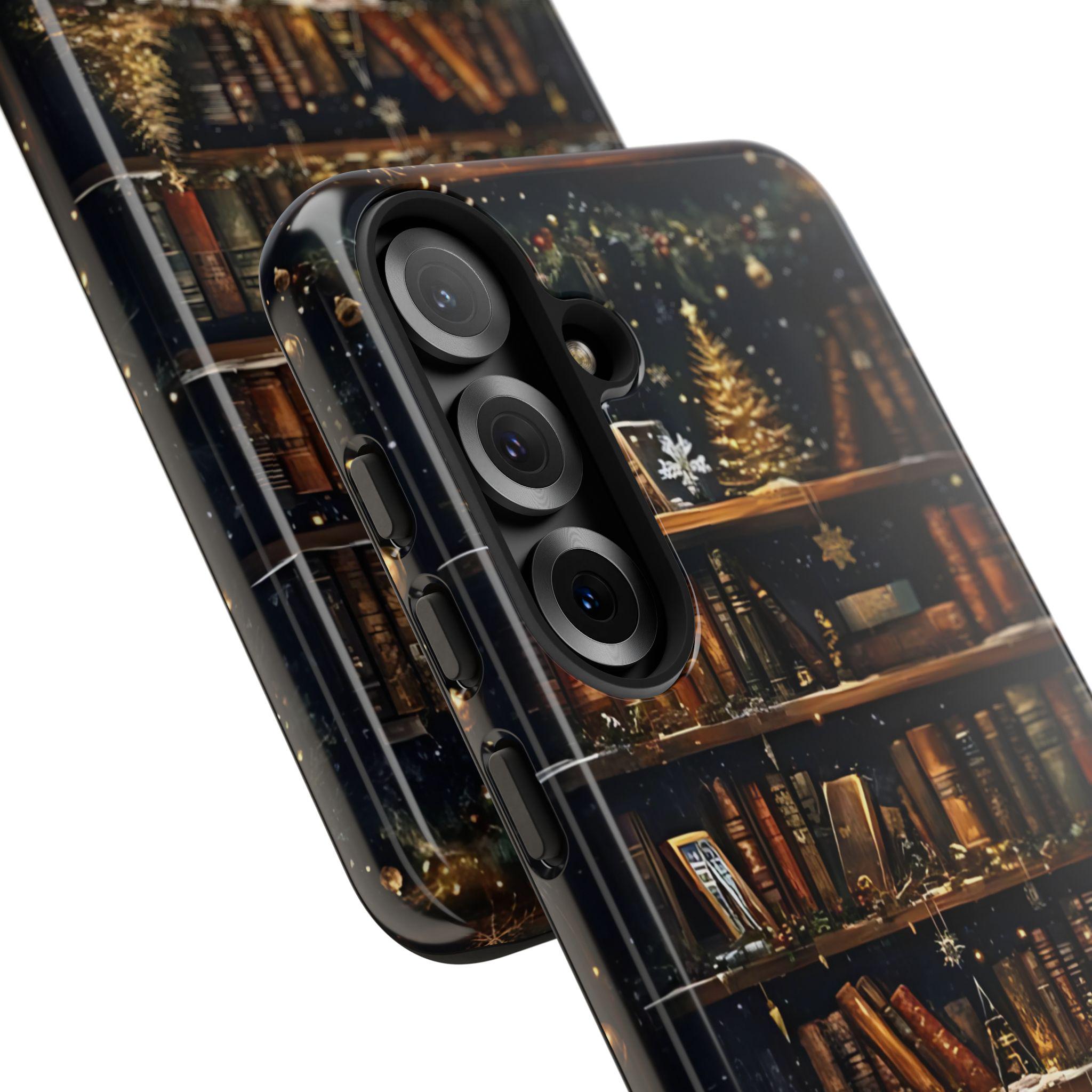 Bookish Christmas Bookshelf Holiday Library Bookcase Design, iPhone Galaxy Pixel.