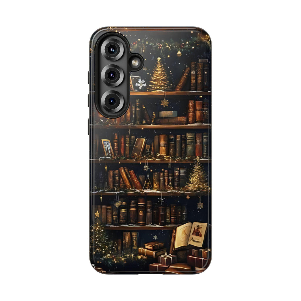 Bookish Christmas Bookshelf Holiday Library Bookcase Design, iPhone Galaxy Pixel.