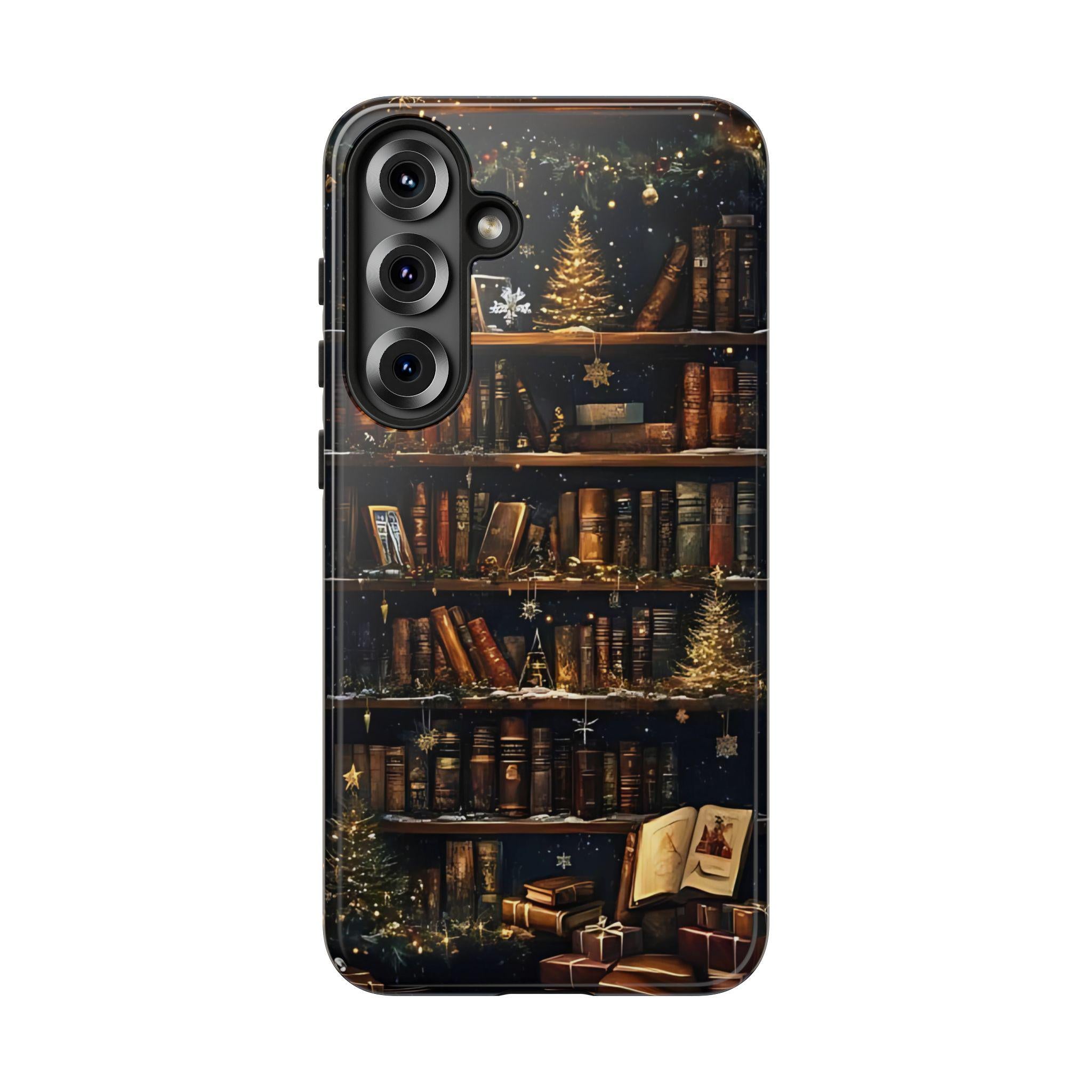 Bookish Christmas Bookshelf Holiday Library Bookcase Design, iPhone Galaxy Pixel.