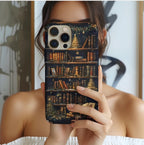 Bookish Christmas Bookshelf Holiday Library Bookcase Design, iPhone Galaxy Pixel.