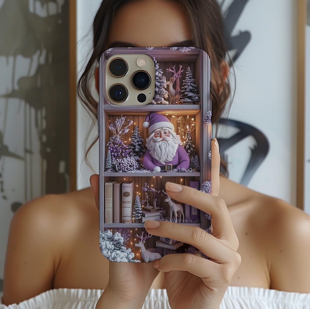 Bookish Phone Case Boho Floral Elements, Light Purple Christmas Bookshelf iPhone Galaxy, Pixel