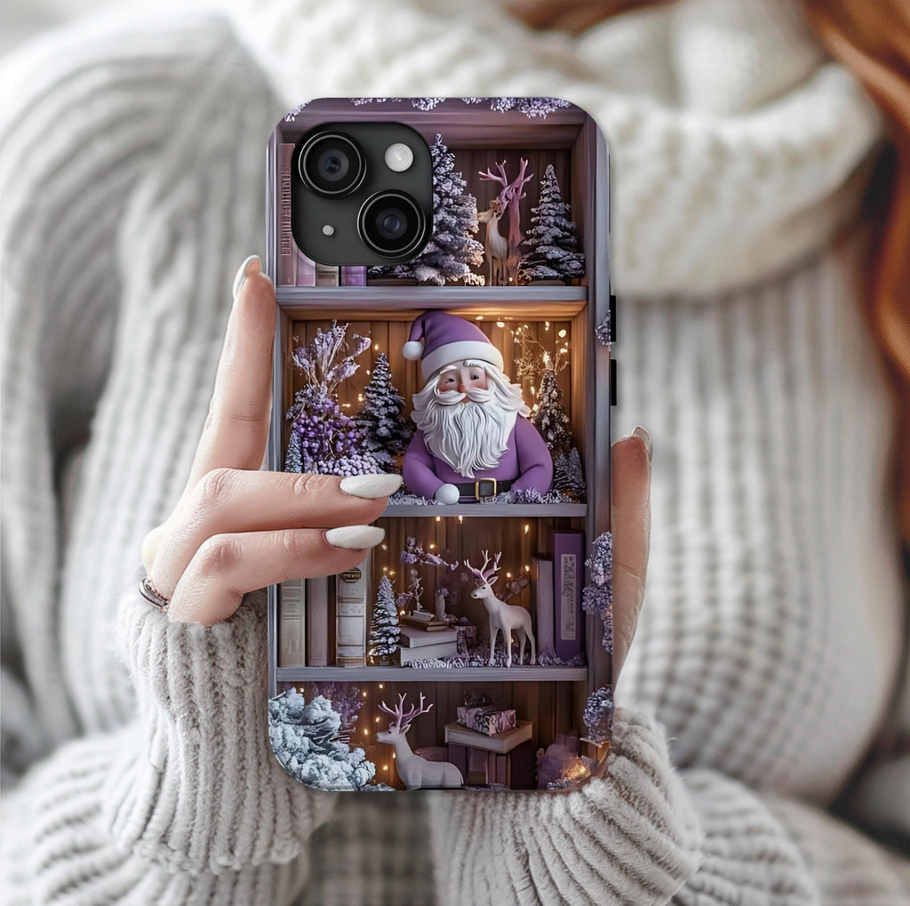 Bookish Phone Case Boho Floral Elements, Light Purple Christmas Bookshelf iPhone Galaxy, Pixel