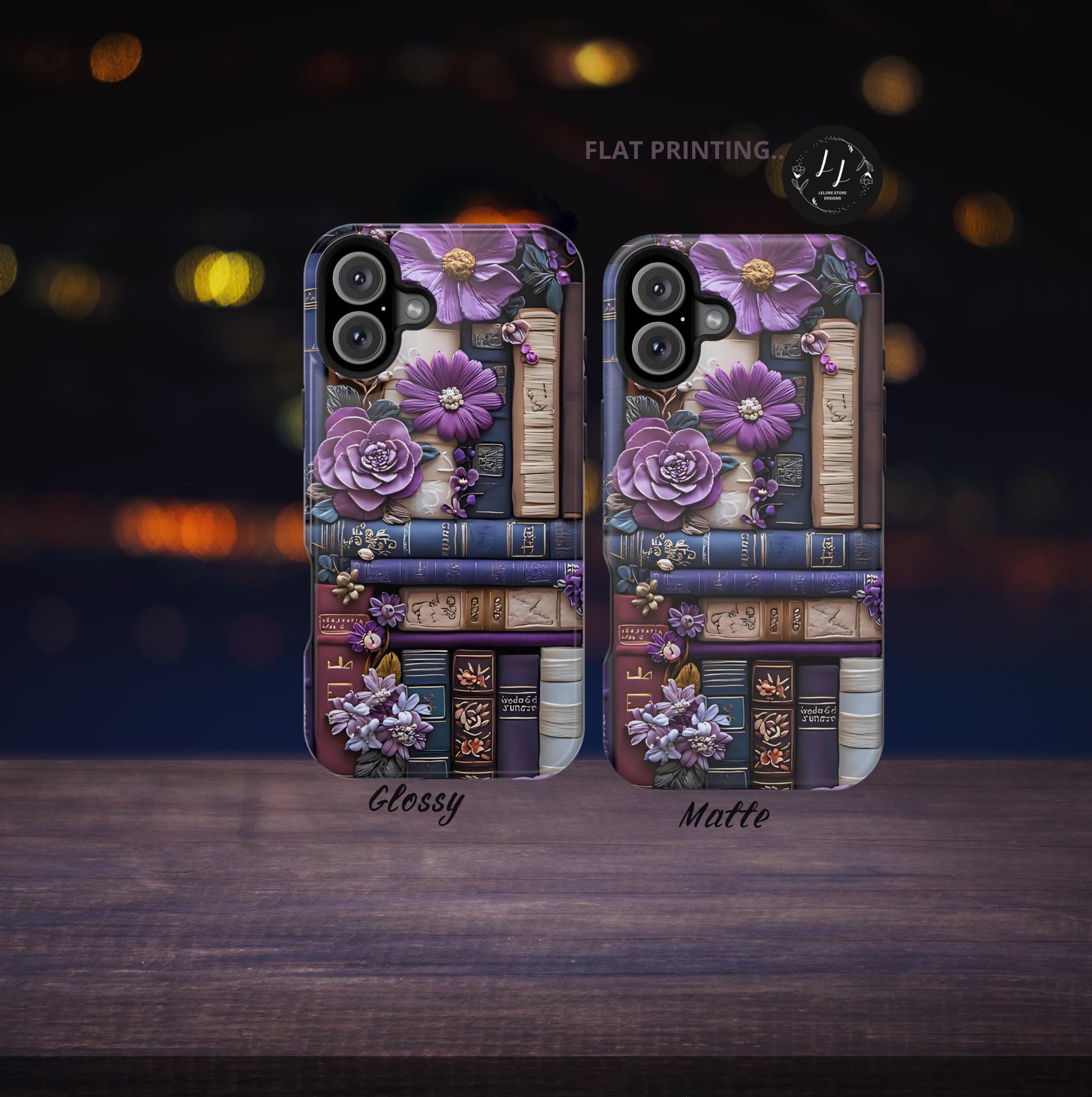 Bookish MagSafe iPhone Case: Purple Floral Bookshelf, Faux Embroidery