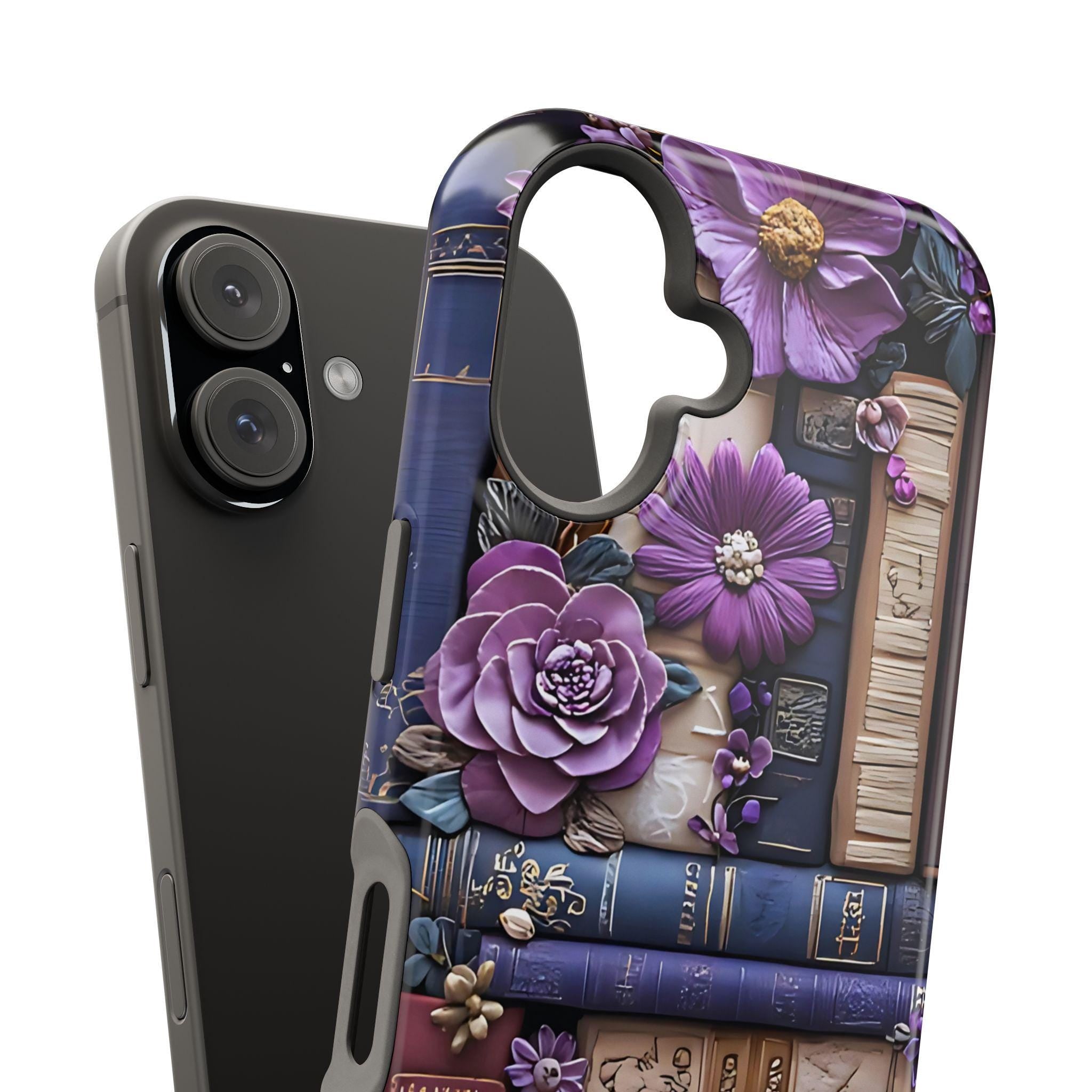 Bookish MagSafe iPhone Case: Purple Floral Bookshelf, Faux Embroidery