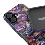 Bookish MagSafe iPhone Case: Purple Floral Bookshelf, Faux Embroidery