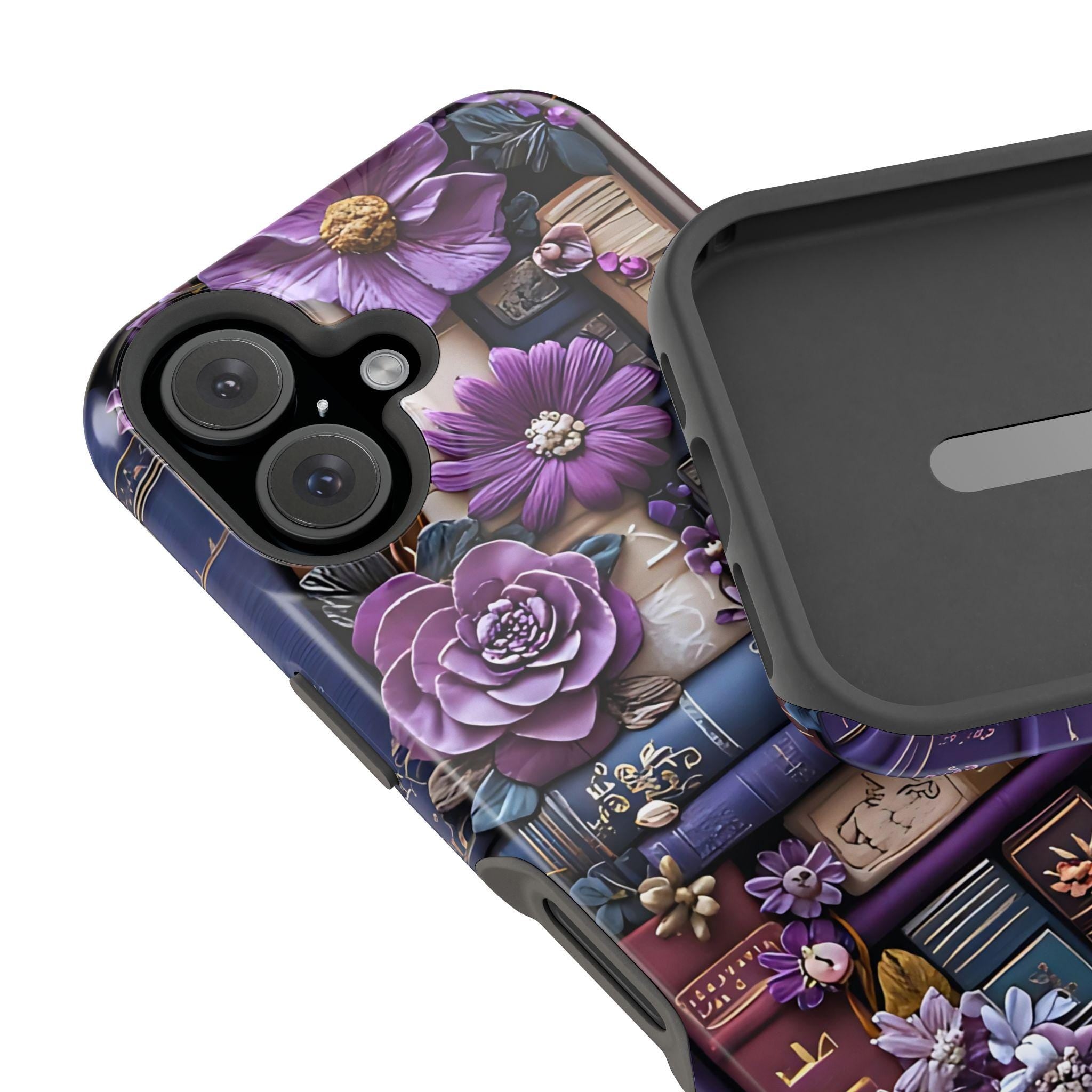 Bookish MagSafe iPhone Case: Purple Floral Bookshelf, Faux Embroidery